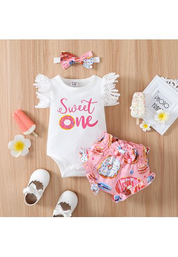 3pcs Baby Girl 95% Cotton Rib Knit Spliced Lace Flutter-sleeve Letter Print Romper and Allover Donut Print Ruffle Shorts with Headband Set