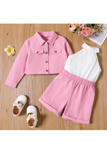 2pcs Toddler Girl Colorblock Splice Halter Rompers and Lapel Collar Pink Jacket Set