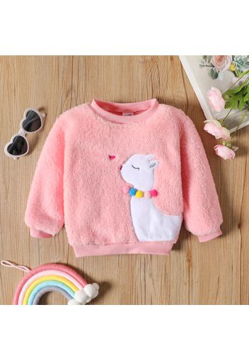 Toddler Girl Animal Embroidered Pompom Design Fuzzy Pink Sweatshirt