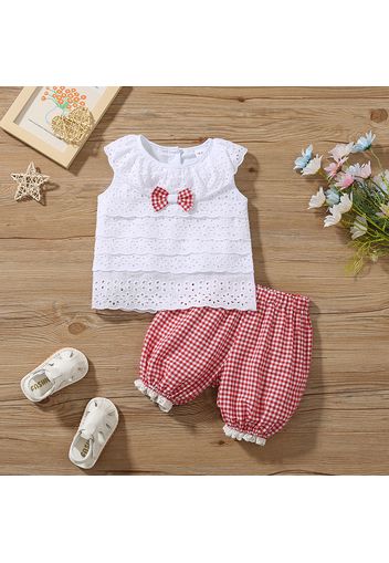 2pcs Toddler Girl Bowknot Design Hollow out Sleeveless White Tee and Elasticized Plaid Shorts Set