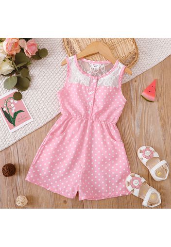 Kid Girl Polka dots Button Lace Design Sleeveless Pink Rompers