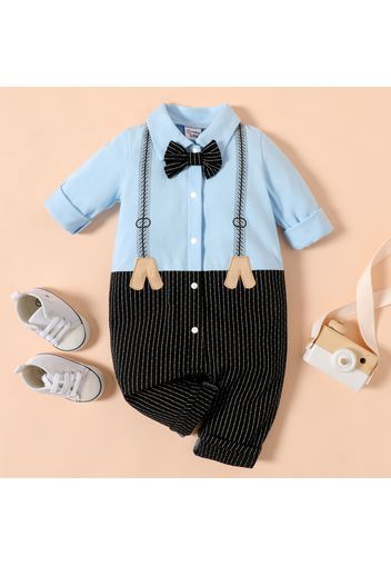 Baby Boy 95% Cotton Long-sleeve  Gentleman Bow Tie Decor Spliced Jumpsuit