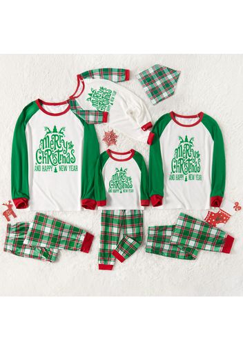 Christmas Letter Print Family Matching Green Raglan Long-sleeve Plaid Pajamas Sets (Flame Resistant)