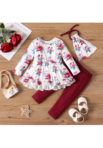 3pcs Baby Girl 95% Cotton Leggings and Allover Floral Print Ruffle Hem Long-sleeve Top with Drawstring Bag Set