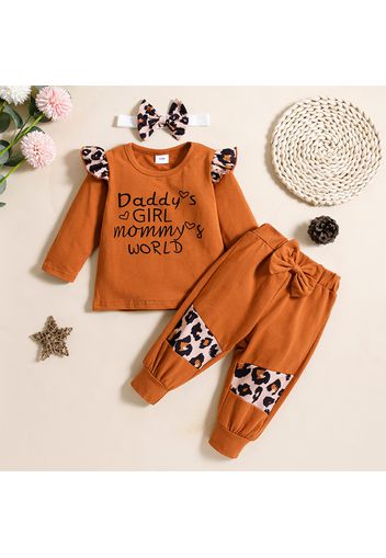 3pcs Baby Girl Letter Print Leopard Splice Long-sleeve T-shirt and Trousers Set