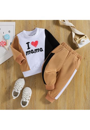 2pcs Baby Boy/Girl Love Heart and Letter Print Colorblock Long-sleeve Sweatshirt with Joggers Pants Set