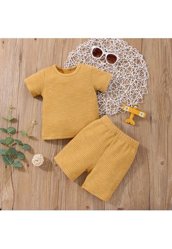 2pcs Baby Girl Solid Ribbed Short-sleeve Tee and Shorts Set