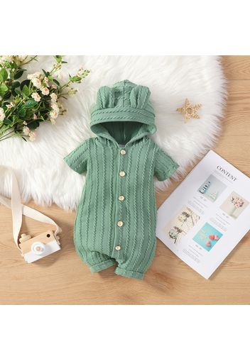 Baby Boy/Girl Imitation Knitting Short-sleeve 3D Ears Hooded Button Up Romper