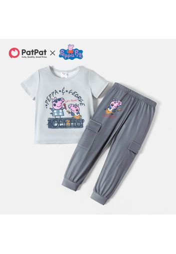 Peppa Pig 2pcs Toddler Girl/Boy Letter Print Short-sleeve Grey Tee and Pocket Design Pants Set