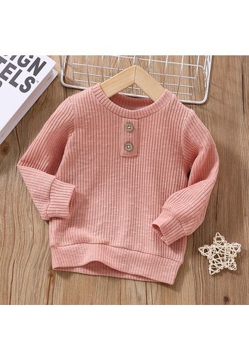 Baby Boy/Girl Button Design Solid Ribbed Knitted Long-sleeve Pullover Top