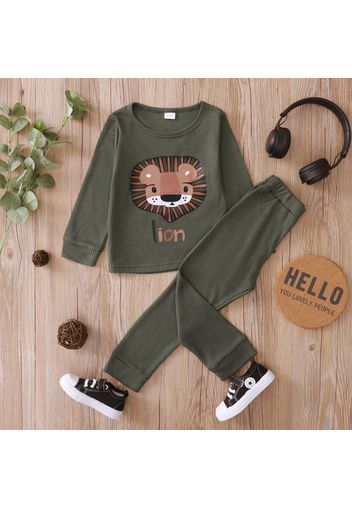 2-piece Toddler Boy/Girl Letter Animal Print Waffle Sweatshirt and Solid Color Pants Set