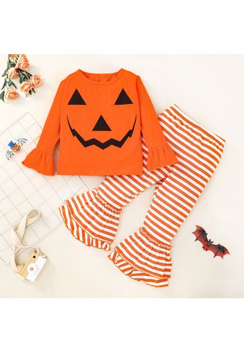 2-piece Toddler Girl Halloween Pumpkin Print Bell sleeves Top and Striped Flared Pants Set