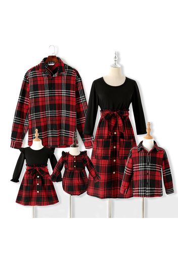 Christmas Red Plaid Family Matching Splicing 3/4 Sleeve Cotton Dresses and Long-sleeve Lapel Shirts Sets