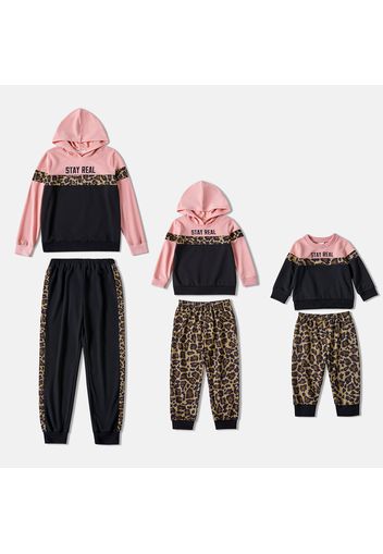 Letter and Leopard Print Splicing Long-sleeve Hoodies with Pants Sets for Mom and Me