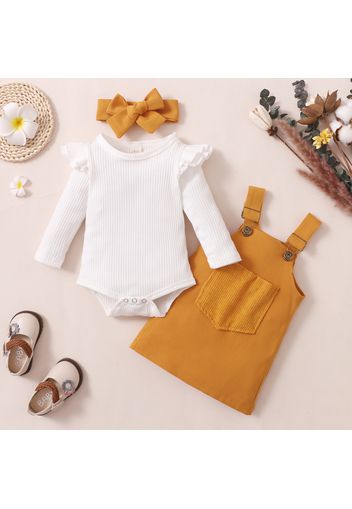 Baby 3pcs  White Ribbed Long-sleeve Romper and Solid Suspender Dress Set