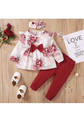 3pcs Baby Girl Red Floral Print Long-sleeve Bowknot Top and Solid Trousers Set