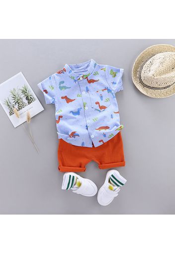 2pcs Toddler Boy Playful Dinosaur Print Shirt and Shorts Set