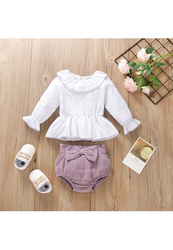 Crepe 2pcs Color Block Flounce and Bow Decor Long-sleeve Baby Set