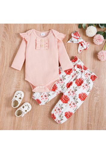 3pcs Baby Girl Pink Ribbed Ruffle Long-sleeve Romper and Floral Print Bowknot Trousers Set