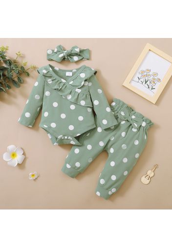 3-piece Baby Girl Polka dots Ruffled Long-sleeve Romper, Paperbag Pants and Headband Set