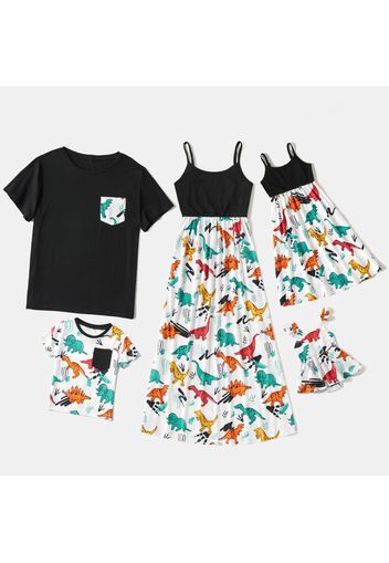 Dinosaur Print Cotton Family Matching Sets(Sling Midi Dresses and T-shirts)