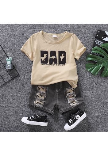 Father's Day 2pcs Toddler Boy Ripped Denim Shorts and Letter Print Short-sleeve Tee Set