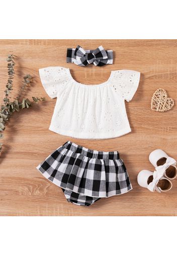 100% Cotton 3pcs Baby Girl Hollow Out Floral Embroidered Short-sleeve Top and Plaid Skirted Shorts with Headband Set