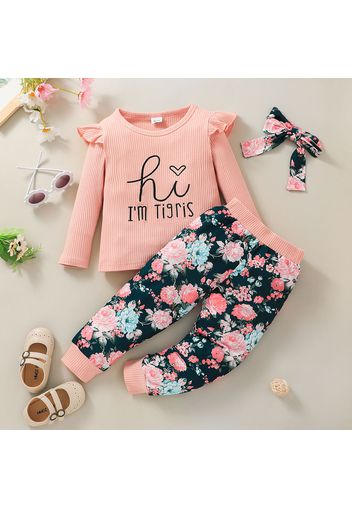 3-piece Toddler Girl Letter Embroidered Ruffled Long-sleeve Ribbed Top, Floral Print Pants and Headband Set