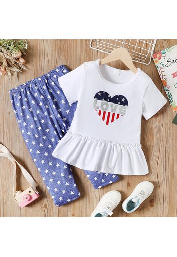 US Independence Day 2pcs Kid Girl Letter Love Print Short-sleeve Peplum Tee and Stars Print Capri Pants Set