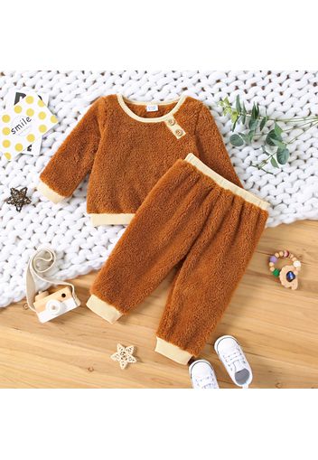 2pcs Baby Boy/Girl Solid Fuzzy Fleece Long-sleeve Pullover and Trousers Set