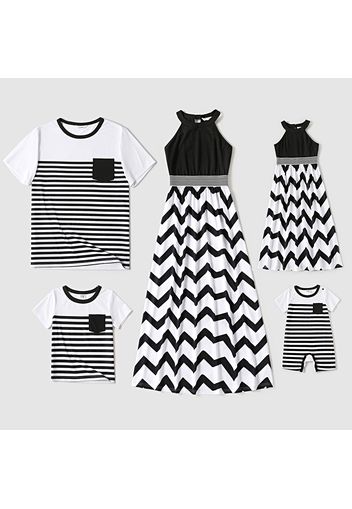 Family Matching Black Halter Neck Off Shoulder Splicing Chevron Striped Maxi Dresses and Short-sleeve T-shirts Sets