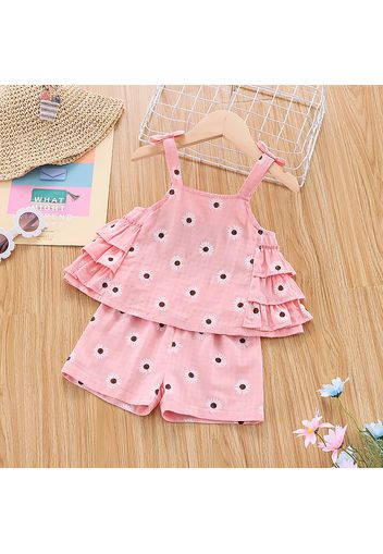 100% Cotton 2pcs Baby Girl Allover Floral Print Sleeveless Spaghetti Strap Layered Ruffle Top and Shorts Set