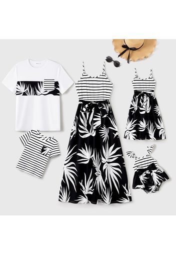 Family Matching Cotton Striped Splice Plant Print Belted Cami Dresses and Short-sleeve T-shirts Sets