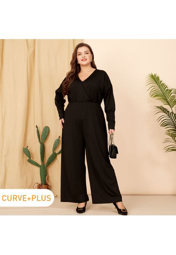 Women Plus Size Casual Surplice Neck Long-sleeve Black Jumpsuit