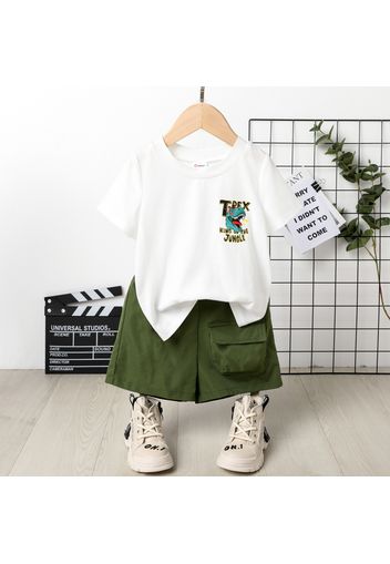 2pcs Toddler Boy Letter Dinosaur Print Short-sleeve White Tee and Pocket Design Green Shorts Set