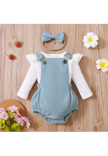 3pcs Baby Girl Solid Ribbed Ruffle Sleeve Top and Overall Shorts with Headband Set