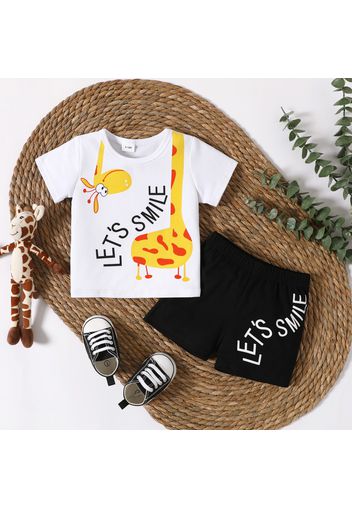 2pcs Baby Boy/Girl Cartoon Giraffe and Letter Print Short-sleeve T-shirt with Shorts Set