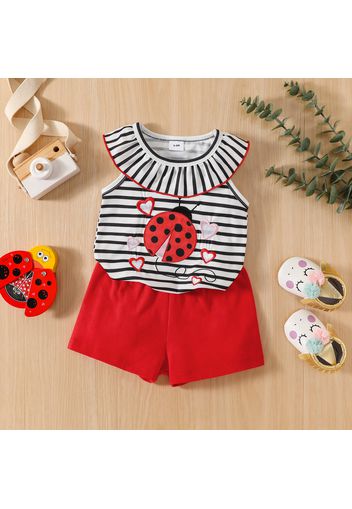 2pcs Baby Girl Ladybug Embroidered Striped Ruffle Sleeveless Tank Top and Solid Shorts Set