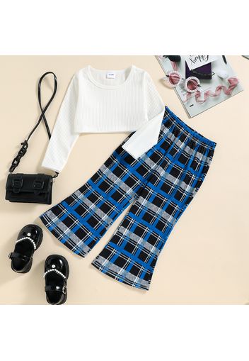 2pcs Toddler Girl Ribbed Long-sleeve White Crop Tee and Plaid Flared Pants Set