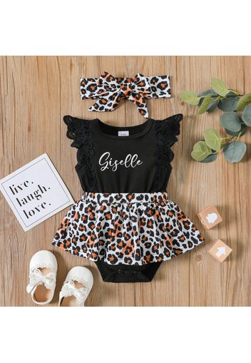 2pcs Baby Girl Letter Print Lace Sleeveless Leopard Skirted Romper with Headband Set