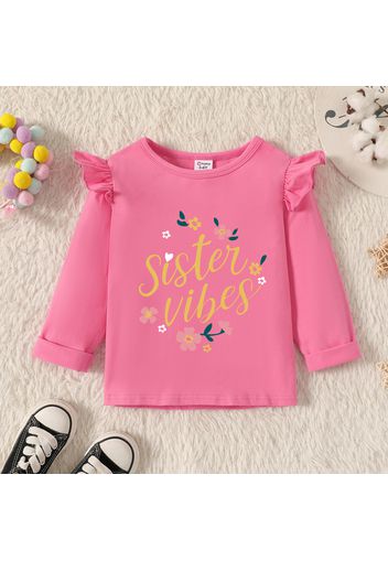 Toddler Girl Graphic Letter and Floral Print Ruffled Long-sleeve Tee