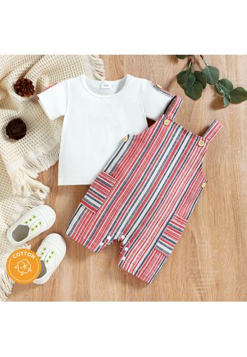 2pcs Baby Boy/Girl 95% Cotton Short-sleeve T-shirt and Striped Overalls Shorts Set