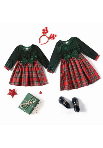 Christmas Velvet Bowknot Long-sleeve Splicing Red Plaid A-line Dress for Sister and Me