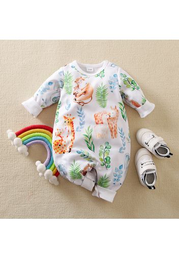 Baby Boy/Girl All Over Animal and Plant Print White Long-sleeve Jumpsuit