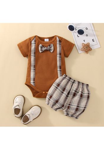 2pcs Baby Boy Waffle Short-sleeve Bow Tie Romper and Plaid Bloomers Shorts Set