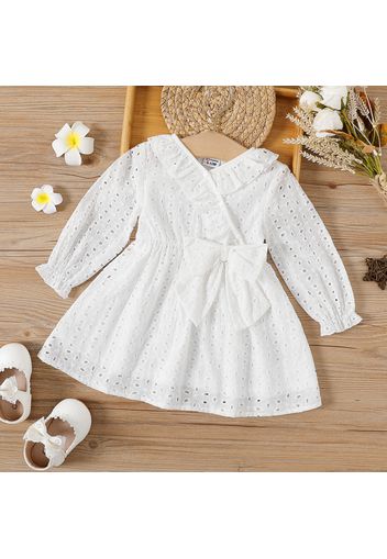 100% Cotton Baby Girl White Eyelet Embroidered Ruffle Trim Bow Front Long-sleeve Dress