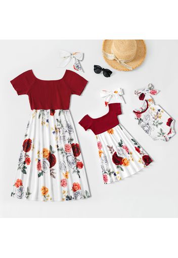 Floral Print Short-sleeve Matching Midi Dresses