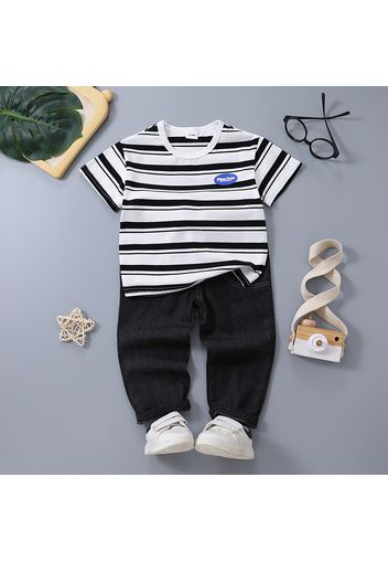 2pcs Toddler Boy Trendy Black Denim Jeans and Stripe Tee Set