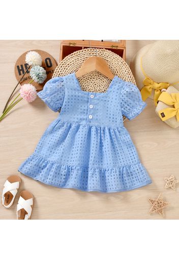 Baby Girl Organza Plaid Square Neck Puff Sleeve Button Up Dress