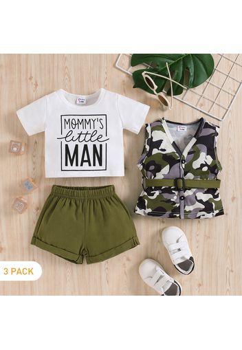 3pcs Baby Boy 95% Cotton Short-sleeve Letter Print Tee and Shorts with Camouflage Vest Set